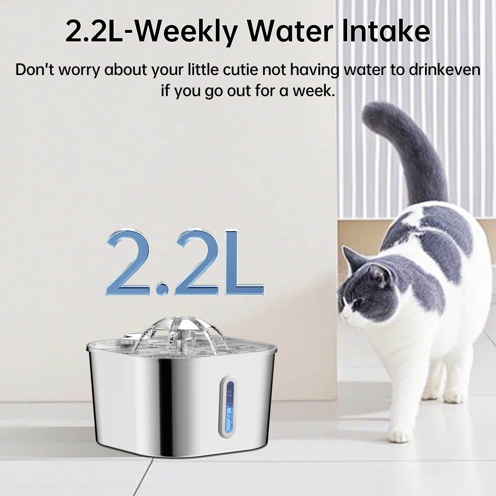 2.2L/74OZ Stainless Steel Pet Water Dispenser Silent Water Pump